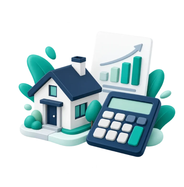 Ilustración de una vivienda, una calculadora y una gráfica para comparar un escenario financiero.