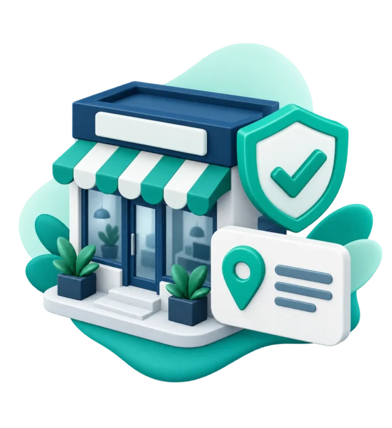 Ilustración de un negocio local con un escudo de verificación y un marcador de ubicación.